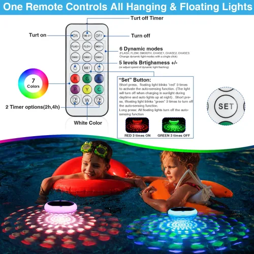 Miniatura 6 de Luces solares para piscina (1 unidad), 2600 mAh USB recargables luces flotantes flotantes de 6.7 pulgadas IP68 impermeable con control remoto, RGB