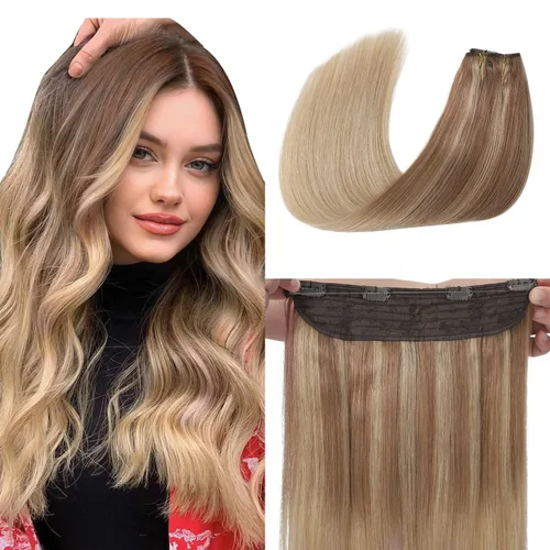 XDhair Extensiones de cabello humano con alambre de 70 g, 14 pulgadas, balayage, color marrón dorado con rubio caramelo Remy, extensiones de cabello