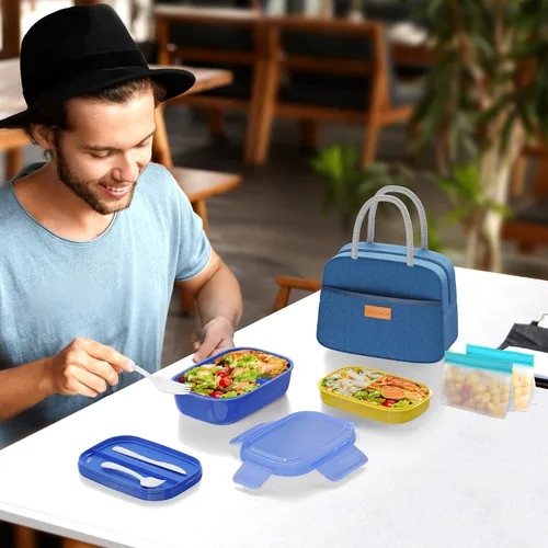 Miniatura 7 de JBGOYON® Juego de lonchera Bento azul, 3 recipientes apilables para adultos y niños, incluye bolsa de almuerzo, a prueba de fugas y sin BPA, juego