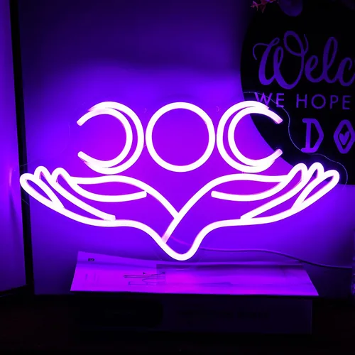 Letrero de neón de mano a luna con luz de neón para decoración de pared, 16.5 x 8.6 pulgadas, letrero de neón lunar para habitación de niños, cueva