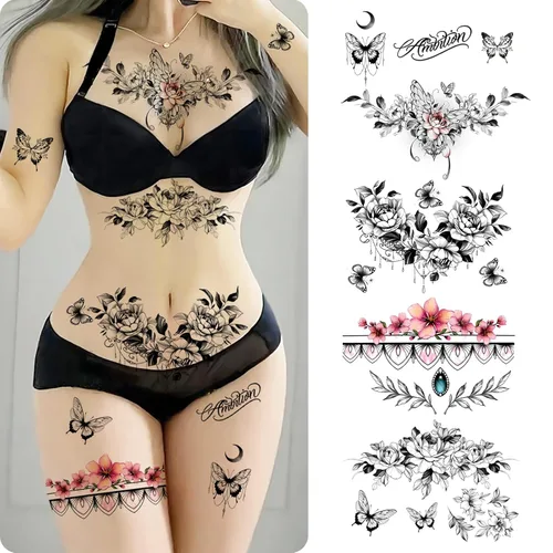 Miniatura 2 de ROARHOWL Conjunto de tatuajes temporales sexy para mujeres, tatuaje sexy hermoso y exquisito 3D con flores realistas, mariposas, abdomen, pecho