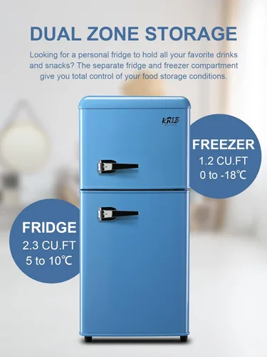 Miniatura 3 de KRIB BLING Mini refrigerador compacto, refrigerador pequeño, termostato ajustable de 7 niveles, estantes extraíbles con acero inoxidable, 2 puertas