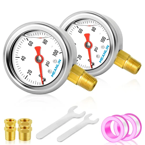 Miniatura 13 de MEANLIN MEASURE 2 unidades de acero inoxidable 015Psi relleno de líquido, medidor de presión relleno de glicerina de 1.5 pulgadas, aire de aceite