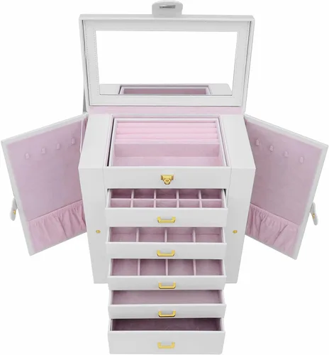 Miniatura 6 de AKOZLIN - Organizador de joyería extra grande de 6 niveles con espejo, estuche de joyería de cuero con 5 cajones para mujeres y niñas, para anillos