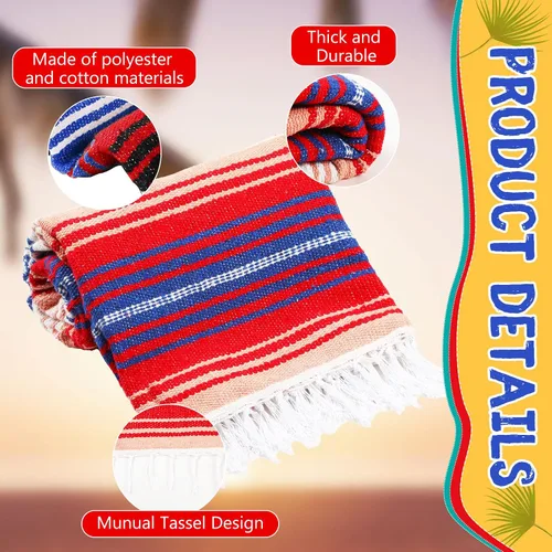 Miniatura 5 de 6 mantas mexicanas a granel de yoga auténtico, manta mexicana de sarape mexicano, manta grande de falsa a rayas coloridas con flecos para acampar al