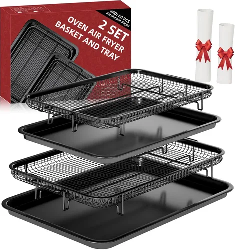 Miniatura 11 de Cesta de Freidora de Aire para Horno, Juego de 2 Bandejas de Freidora de Aire y Bandeja Crujiente con 60 Piezas de Papel Pergamino, Cesta y Bandeja
