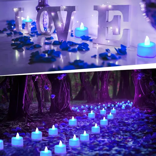 Miniatura 5 de KOABY 1000 piezas pétalos de rosa artificiales azules con kit de 12 luces LED azules de té, para decoración
