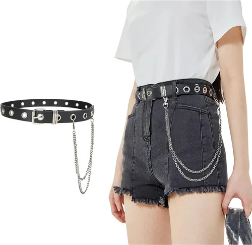 Miniatura 9 de FIORETTO Cinturón de cuero con ojales y cadena desmontable para mujeres y hombres, cinturones de cintura punk rock para pantalones vaqueros