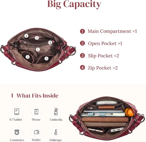 Miniatura 5 de S-ZONE Bolso de hombro para mujer Hobo, bolsa de hombro de cuero genuino, bolso cartera