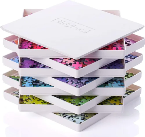 Tidyboss 8 bandejas de clasificación de rompecabezas con tapa de 8 x 8 pulgadas, accesorios portátiles para rompecabezas con fondo blanco que hacen