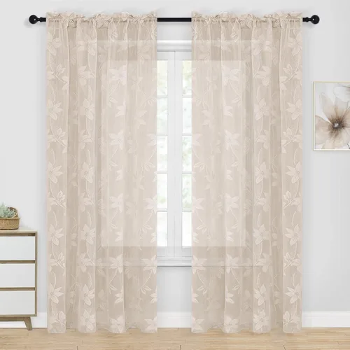 Miniatura 36 de DWCN Paquete de 2 cenefas de encaje floral para cocina, 52 x 18 pulgadas, con bolsillo para barra, cortina de gasa para ventana pequeña, cocina