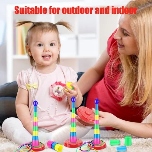 Miniatura 7 de Zubebe 18 Inch Plastic Ring Toss Game for Kids Colorful Tossing and Active Play Set Travel Ring Toss Quoits Toy Portable Carnival Games Indoor