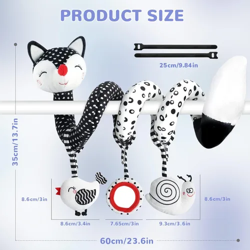 Miniatura 8 de XIXILAND Juguetes de peluche en espiral para bebé, juguetes de asiento de coche en blanco y negro, juguete de alto contraste para bebés recién