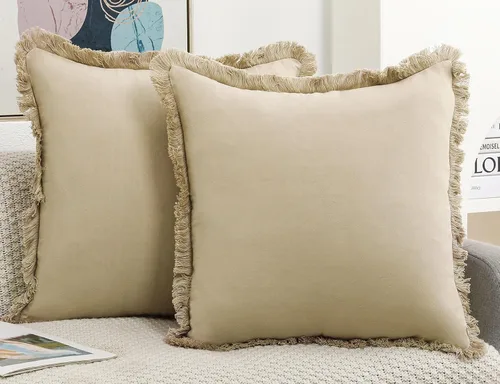 NUYECY Juego de 2 fundas de almohada de lino natural con flecos, fundas de almohada decorativas de color beige neutro con borlas elegantes de