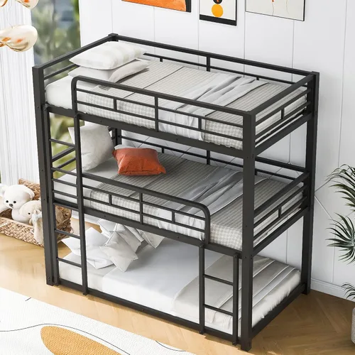 Miniatura 9 de Anwick - Litera de metal, litera triple para niños, adolescentes, adultos, niñas, niños, litera desmontable que se puede dividir en 3 camas Negro
