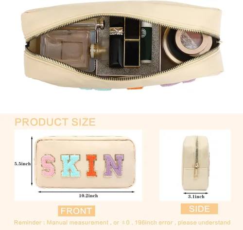 Miniatura 4 de DYSHAYEN Bolsa de Cosméticos de Nylon Pequeña, Bolsa de Maquillaje Preppy de Viaje para Mujeres y Niñas con Parches de Letras de Chenilla, Beige-Skin