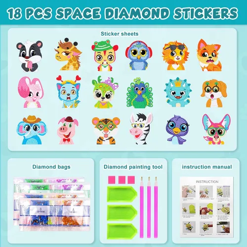 Miniatura 2 de Mczan Juego de 18 calcomanías de pintura de diamantes de animales para niños, kits de arte de gemas para artes y manualidades, kits de arte