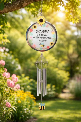 Miniatura 4 de Carillón de viento para abuela – Grandmother in a Garden of Flowers I'd Pick You – Campanilla de viento floral de abeja de girasol – Regalo colgante