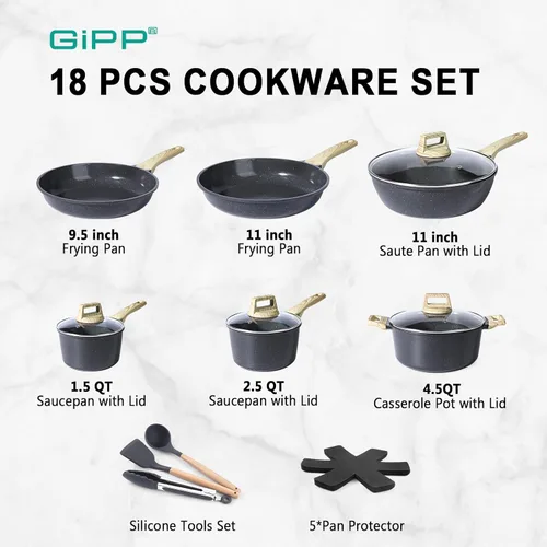Miniatura 2 de GiPP Juego de ollas y sartenes de cerámica antiadherentes, juego de 18 utensilios de cocina antiadherentes, juego de cocina saludable no tóxico