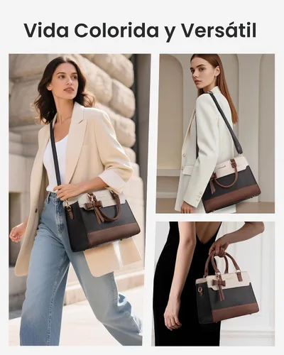 Miniatura 2 de LOVEVOOK Carteras para mujeres, Bolso tote de cuero y carteras, Bolso bandolera cruzado con asa superior con cremallera Negro/Blanco/Marrón
