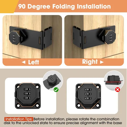 Miniatura 3 de Cerraduras de gabinete de 90 grados con combinación, pestillo mecánico plegable para puerta, cerradura de cerrojo giratorio sin llave para Negro