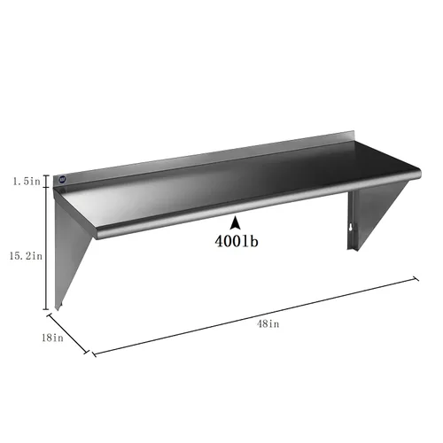 Miniatura 3 de ROCKPOINT Estante de acero inoxidable de 18 x 48 pulgadas, 400 libras, estantes comerciales de metal NSF para montaje en pared, estantería flotante
