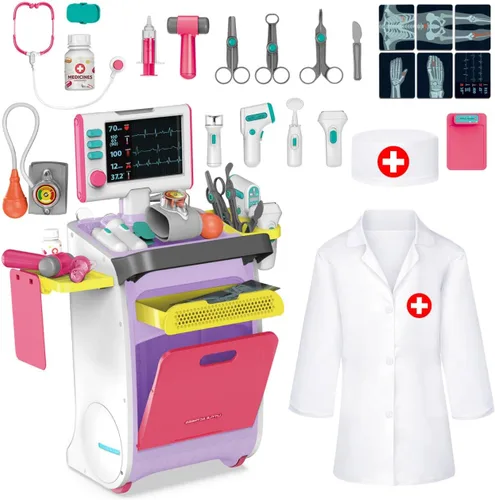 deAO Kit de médico para niños pequeños de 3 a 5 años, juego de simulación de médicos, juguetes de juego de rol con carrito, disfraz, estetoscopio y