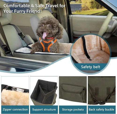 Miniatura 3 de Asiento de Coche para Perros Petsfit con Elevaperros para Perros Pequeños, Asiento de Coche para Perros con Correa de Seguridad, Adecuado para Marrón