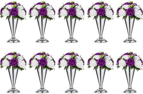 Miniatura 13 de 2 piezas de jarrón de metal para mesa de boda con flores en forma de trompeta, centro de mesa decorativo de 9.8 pulgadas, arreglos de flores