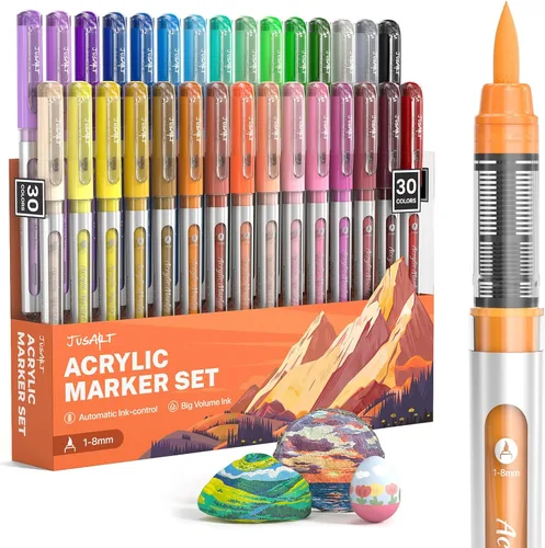 JusArt Marcadores de pintura acrílica, punta de pincel, 30 colores, marcadores a base de agua que no se corren con control automático de tinta,