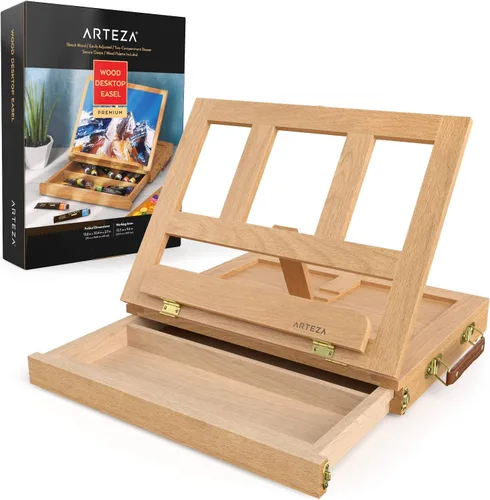 ARTEZA Caballete de mesa, 13.38 x 10.25 x 2 pulgadas, caja portátil de caballete de madera de haya con cajón de 2 compartimentos y paleta de madera,