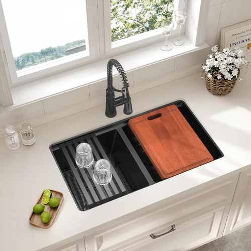 Miniatura 17 de LQS Fregadero de cocina dorado de 32 x 18 pulgadas, fregaderos de cocina empotrados, fregaderos de acero inoxidable de doble tazón 50/50