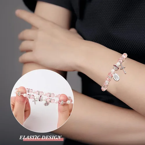 Miniatura 4 de Junkin Beaded Stretch Rosary Bracelet with Mesh Bags Catholic Bracelets for Women Girls Religious Rosary Bead Bracelet Pink Bracelet Crucifix Medal