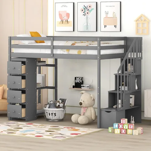 Miniatura 11 de Cama alta moderna con cajones de almacenamiento y escaleras, cama de madera tamaño individual con estantes y barandillas, para niños, niñas