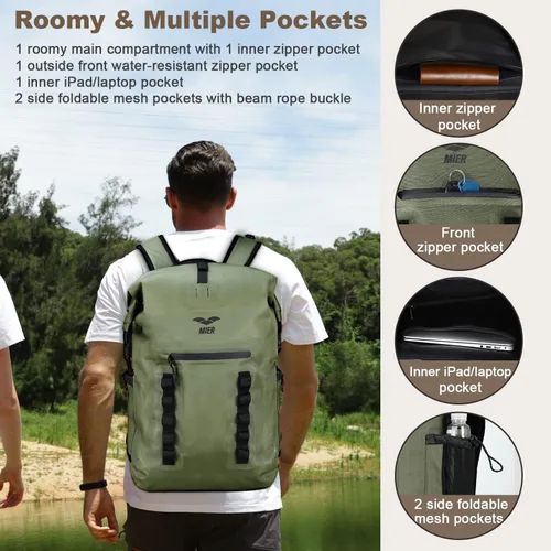 Miniatura 3 de MIER Mochila impermeable Saco con cierre de parte superior enrollable Bolsa seca ligera, Mochilas tipo mochila Verde oscuro