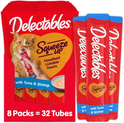 Delectables Squeeze Up - Puré cremoso exprimible, golosinas húmedas para lamer para gatos, sin granos, sin rellenos añadidos, sin subproductos, sin