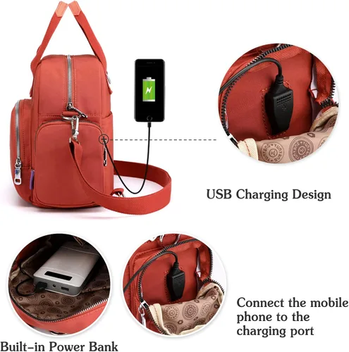 Miniatura 4 de PORRASSO Mochila para mujer, bolso de hombro multifuncional con puerto de carga USB, bolso cruzado de nailon para trabajo, viajes, citas, negro