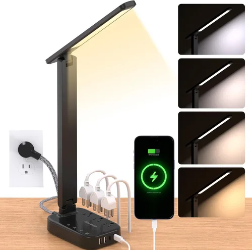 One Beat Pequeña lámpara LED de escritorio, cable de extensión de 5 pies con 3 tomas, 4 puertos USB (2 USB C), 4 modos, lámpara táctil de 5 niveles,