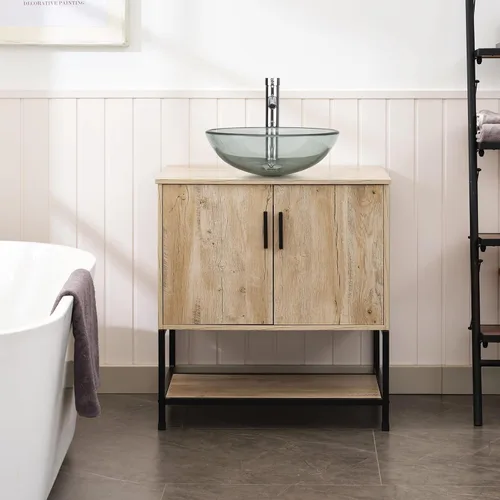 Miniatura 4 de UEV Mueble de baño de roble rústico de 30 pulgadas con lavabo, juego de gabinete de baño con marco de hierro industrial con puertas y estante