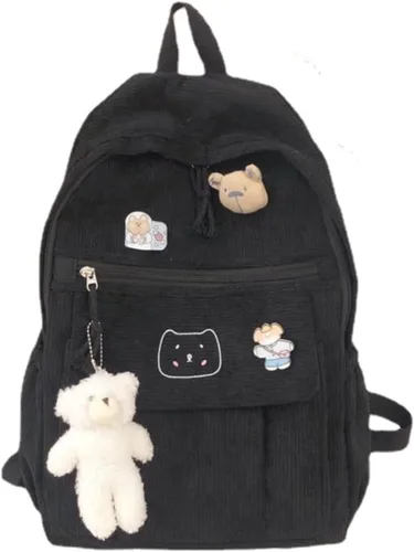 YUESUO Mochila grande de pana Kawaii con bonito colgante de oso, bolsa vintage para niñas, estudiantes, mochila escolar, mochila para libros, Negro