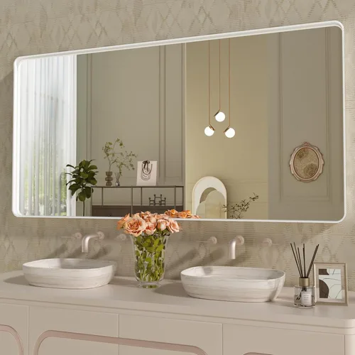 Miniatura 95 de WEER - Espejo de baño dorado, espejo de 40x32 pulgadas con marco de metal dorado cepillado, espejo de tocador de baño de oro para pared