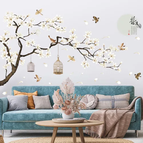 Miniatura 4 de Calcomanías de pared de estilo chino, árbol negro y pájaros voladores, removibles, decoración de pared, murales para niños, guardería, oficina