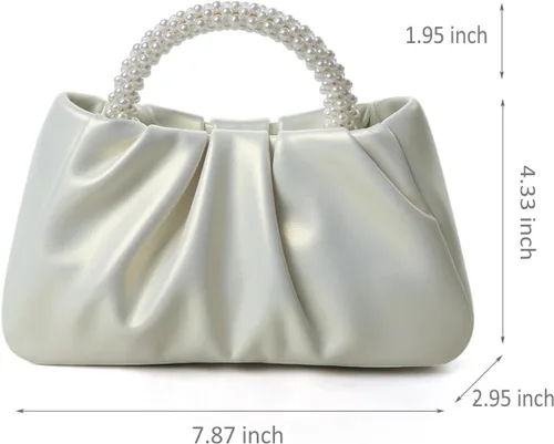 Miniatura 6 de Beatfull Bolso de noche para mujer, bolso de mano pequeño con perlas de cuero suave, bolso fruncido para boda, novia, fiesta, baile de graduación