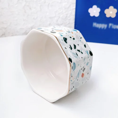 Miniatura 6 de Portaclips de Cerámica con Línea Dorada Dispensador Organizador de Clips para Escritorio Lindo Patrón de Mármol Terrazo Portaclips de Oficina