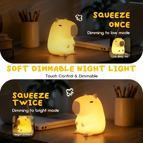 Miniatura 3 de UNEEDE Bonita luz nocturna de Capibara, novedosa luz nocturna de silicona de animales para guardería, lámpara de mesa de cabecera recargable