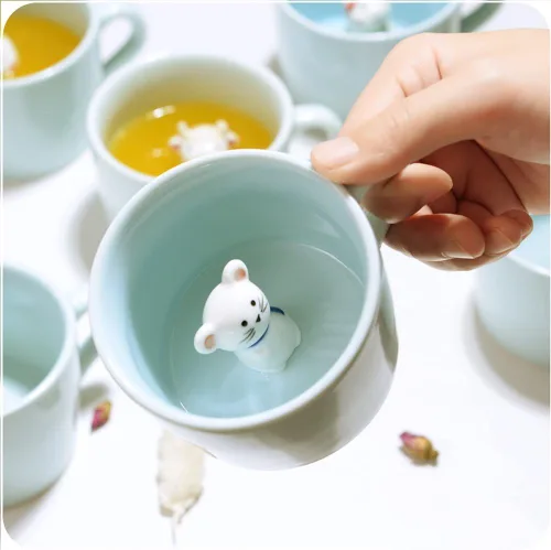 Miniatura 2 de Hotmiss Taza de cerámica con diseño de gato oculto en el interior de animales en 3D, bonitas tazas hechas a mano con dibujos animados, regalo
