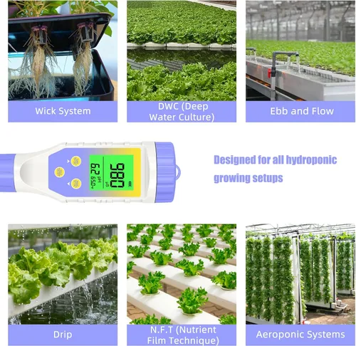 Miniatura 7 de Medidor de pH para hidroponía de agua, probador de sal TDS EC de pH 5 en 1 para solución nutritiva de agua, visualización simultánea de temperatura