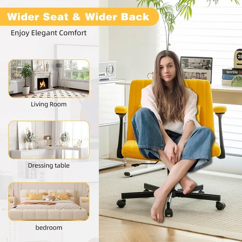 Miniatura 7 de Silla de oficina de terciopelo con patas cruzadas con ruedas y brazos abatibles ajustables, silla de asiento ancha giratoria para oficina en casa