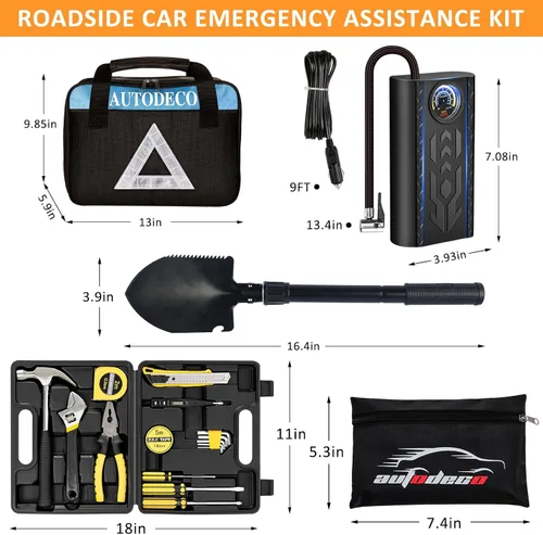 Miniatura 4 de Kit de asistencia de emergencia para automóvil de carretera de 105 piezas con cables de puente de compresor de aire portátil