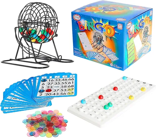 Popular Playthings Juego de bingo de lujo, jaula de metal con tarjetas reutilizables y fichas de marcador, juego de mesa para adultos y niños, 18